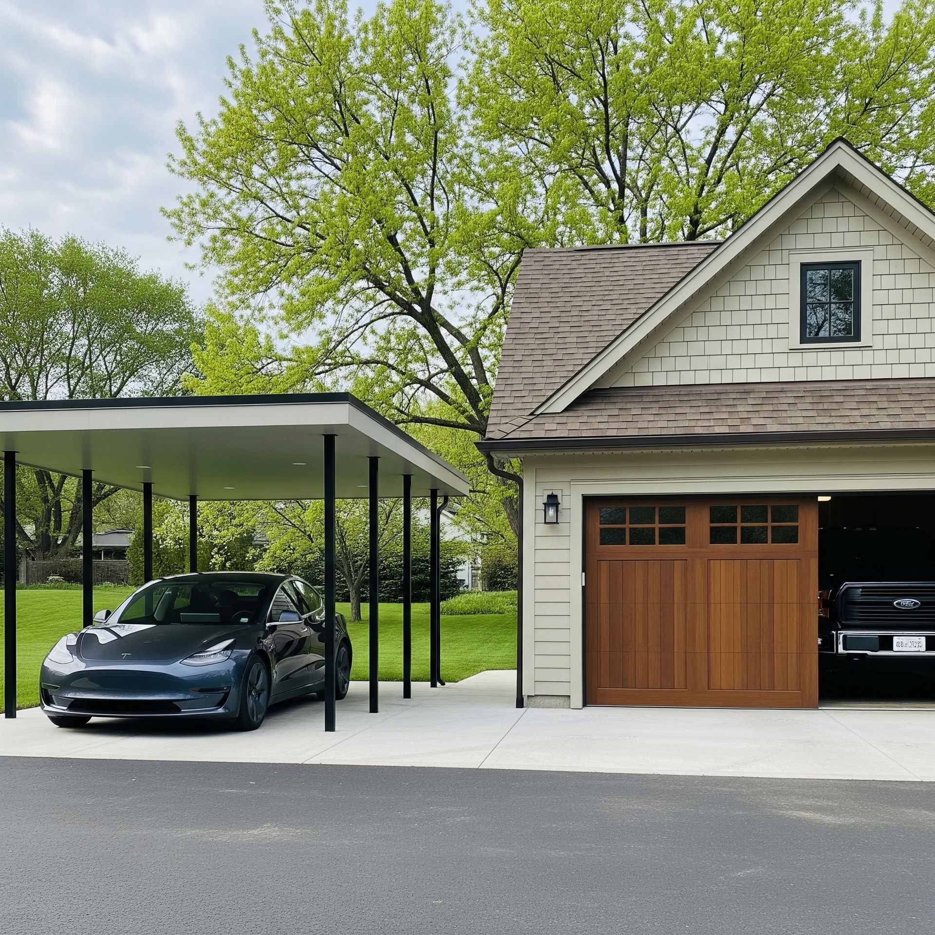 A carport with a flat roof and a garage with a wooden door, with cars parked in and under each.