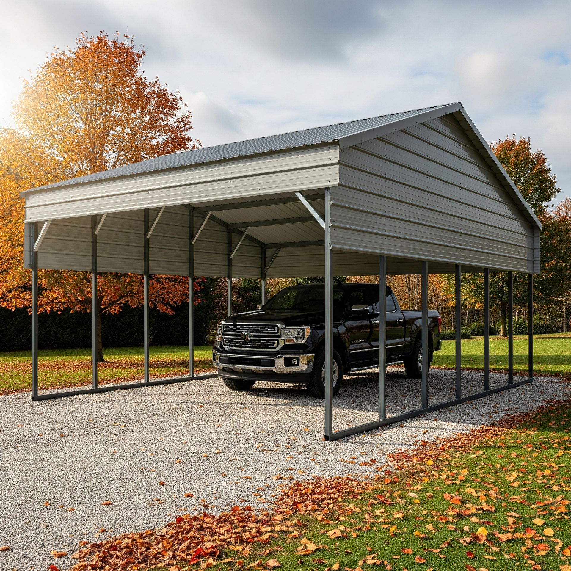 A grey metal carport on a gravel driveway, with a black pickup truck parked underneath.