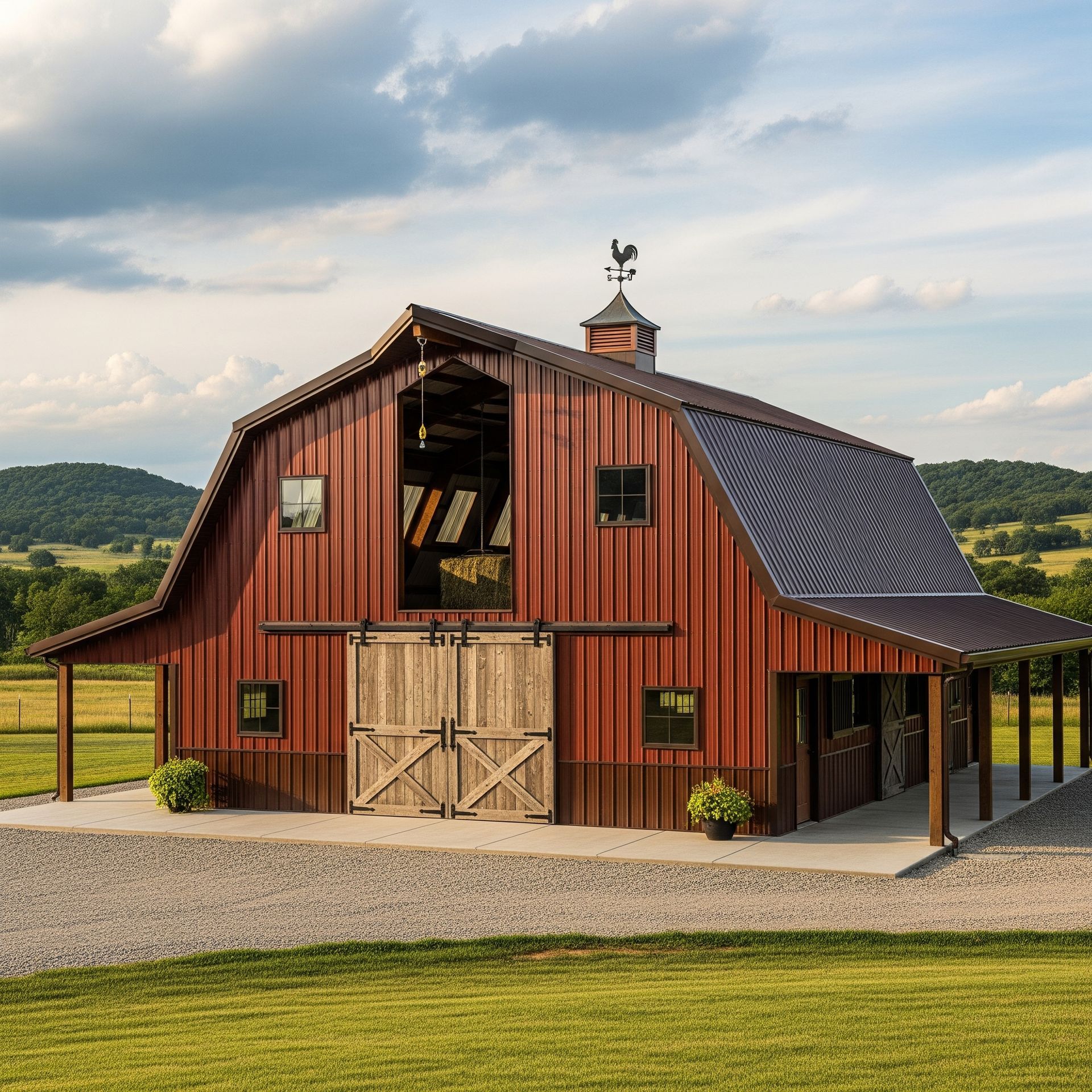 A beautiful red custom metal barn with a gambrel roof and a weathervane on a sunny day.