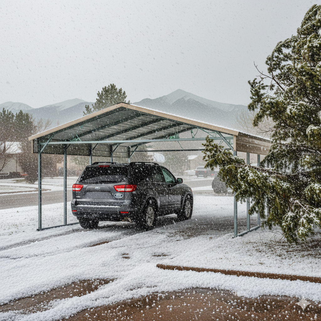 Metal carport sheltering vehicle from hail and snow in Colorado mountain setting