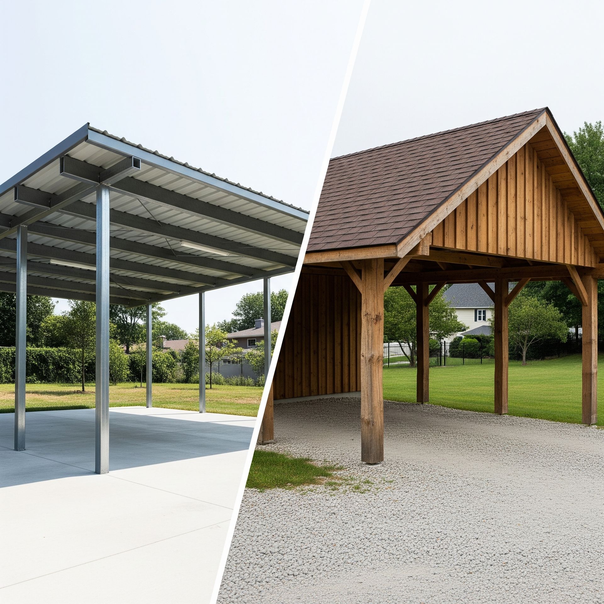 A side-by-side comparison of a modern steel carport and a rustic wooden carport.