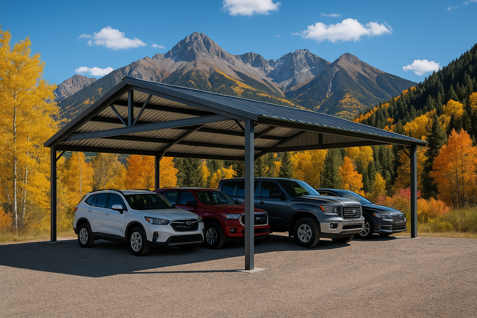 A row of cars parked under a steel carport.
