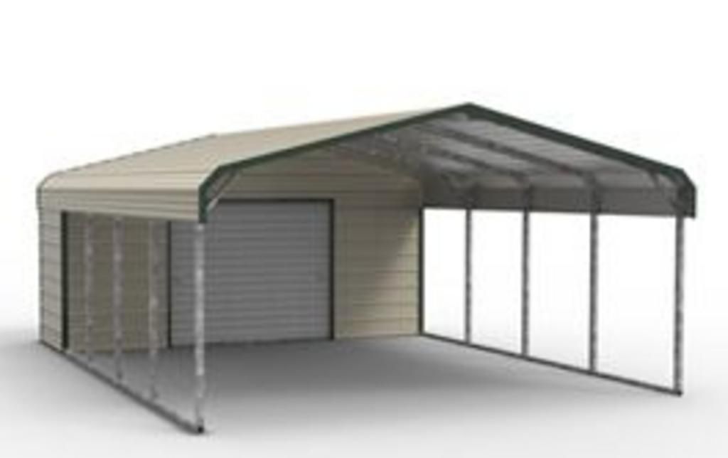 A carport with a garage door attached to it on a white background.