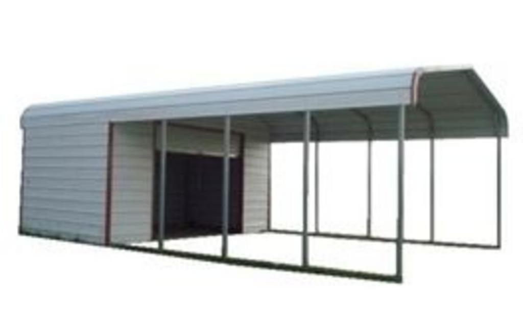 A carport with a roof and a door on a white background.