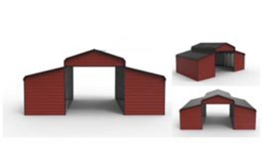 Three different angles of a red barn on a white background