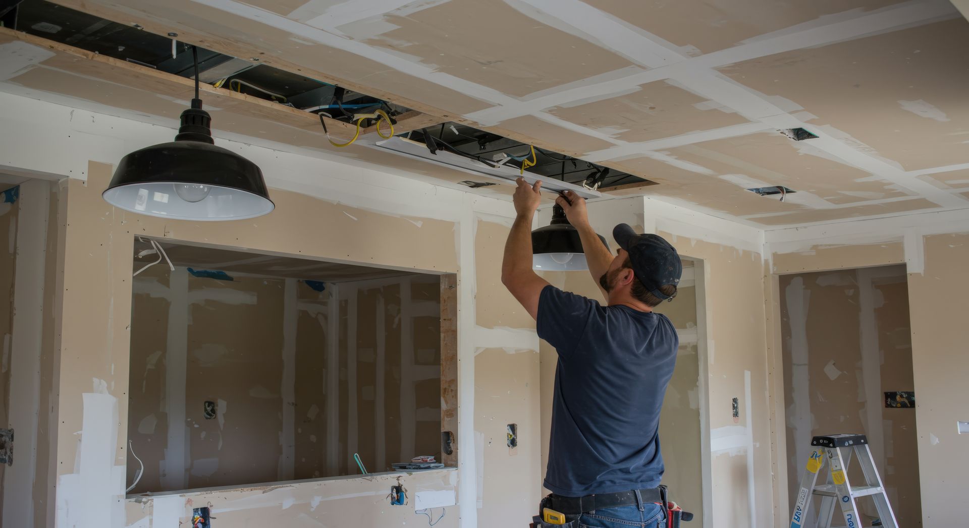 A man installs a light in a room, contributing to home renovations & updating the interior design. A man installs a light in a room, contributing to home renovations & updating the interior design.