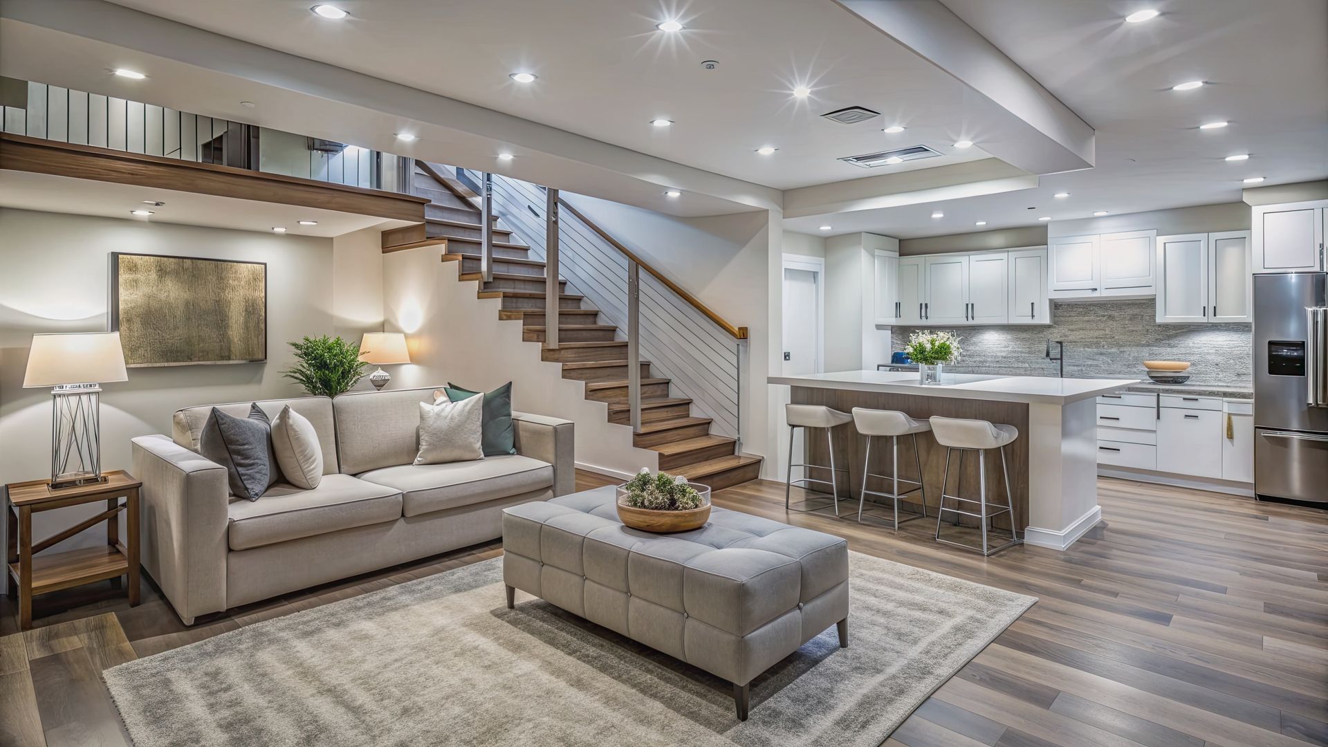 Modern basement renovation by basement renovation contractor featuring white kitchen and staircase.