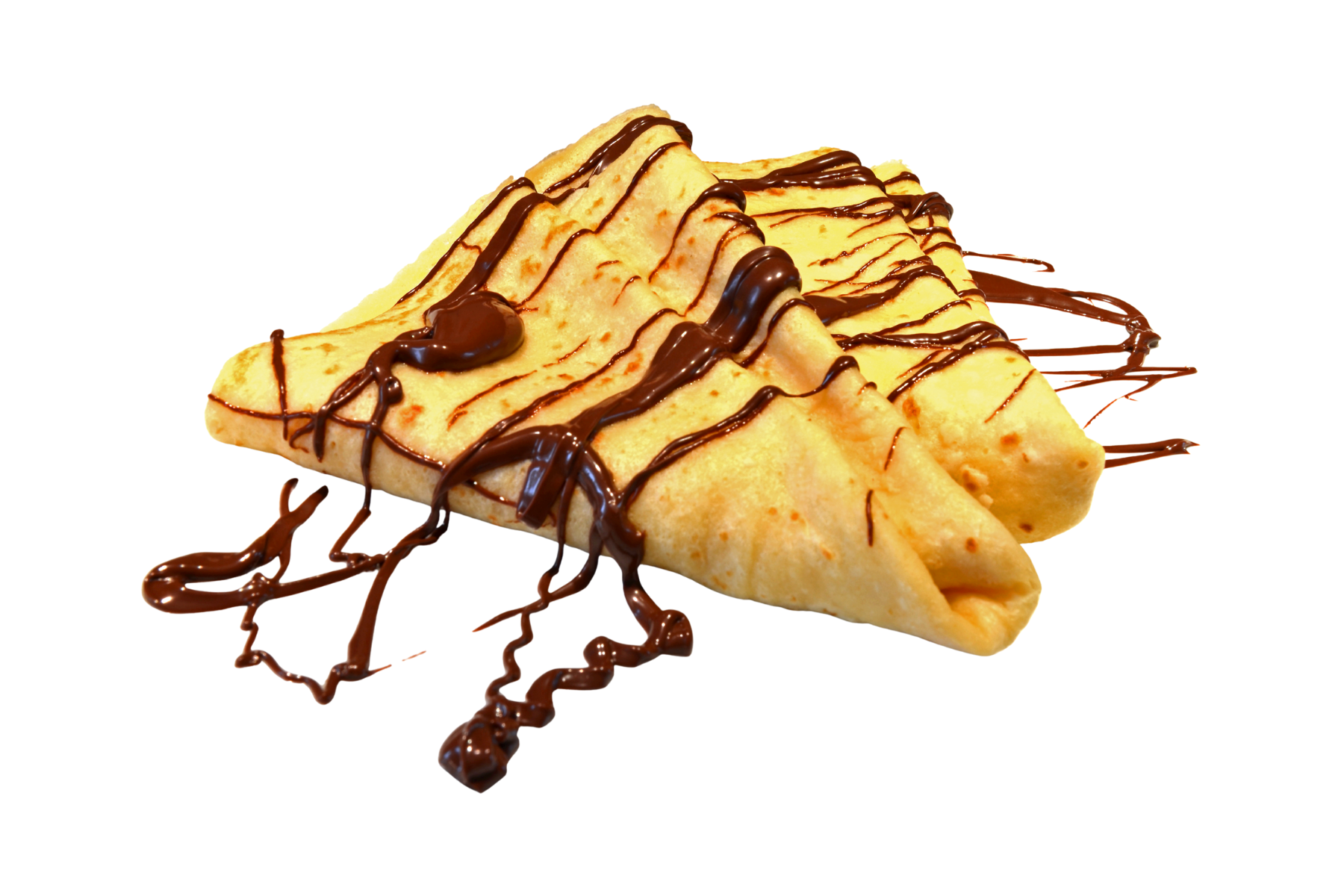 Crepes drizzled with chocolate, folded into triangles, isolated on white.