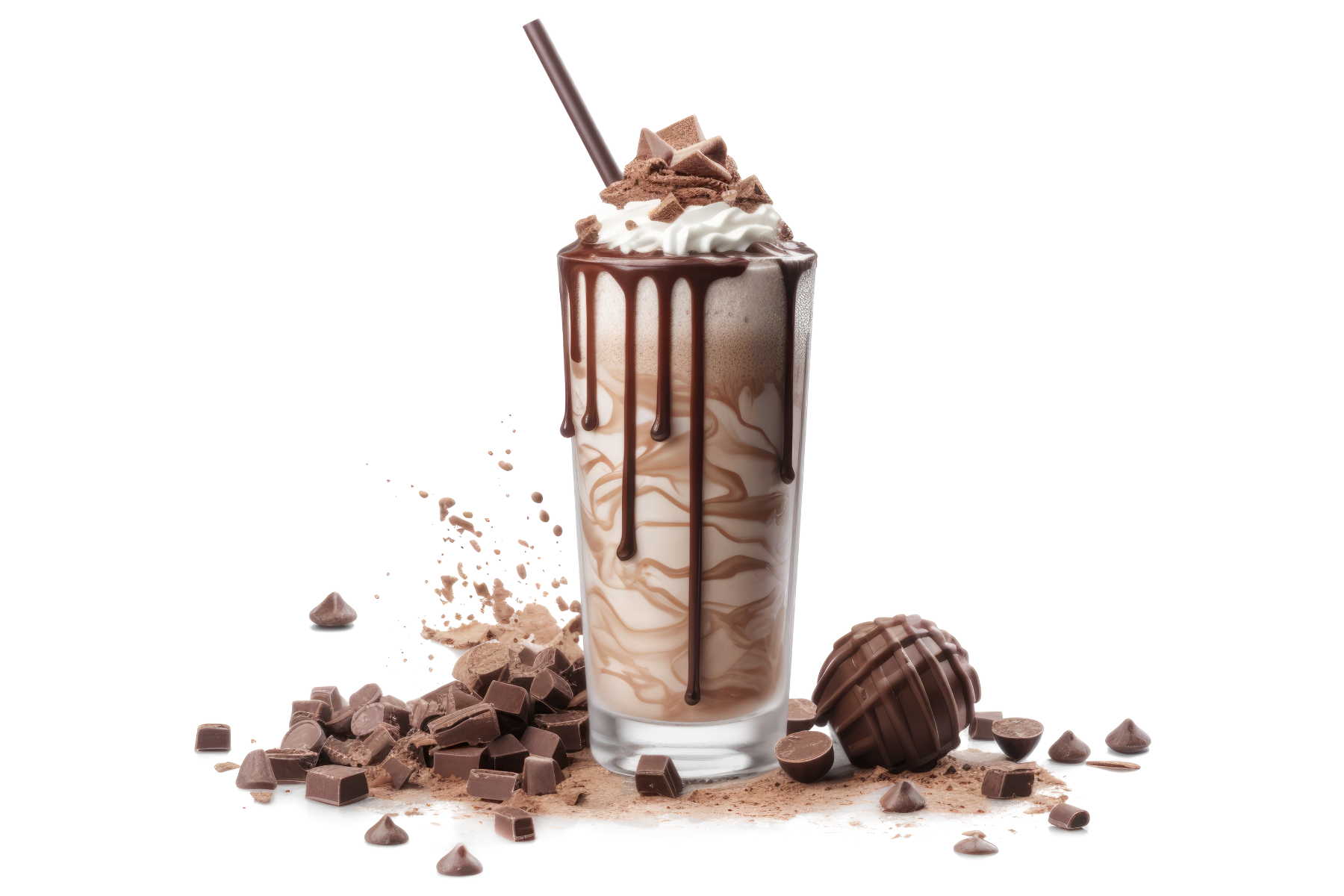 Chocolate milkshake with whipped cream, chocolate sauce, and chocolate pieces on a white background.