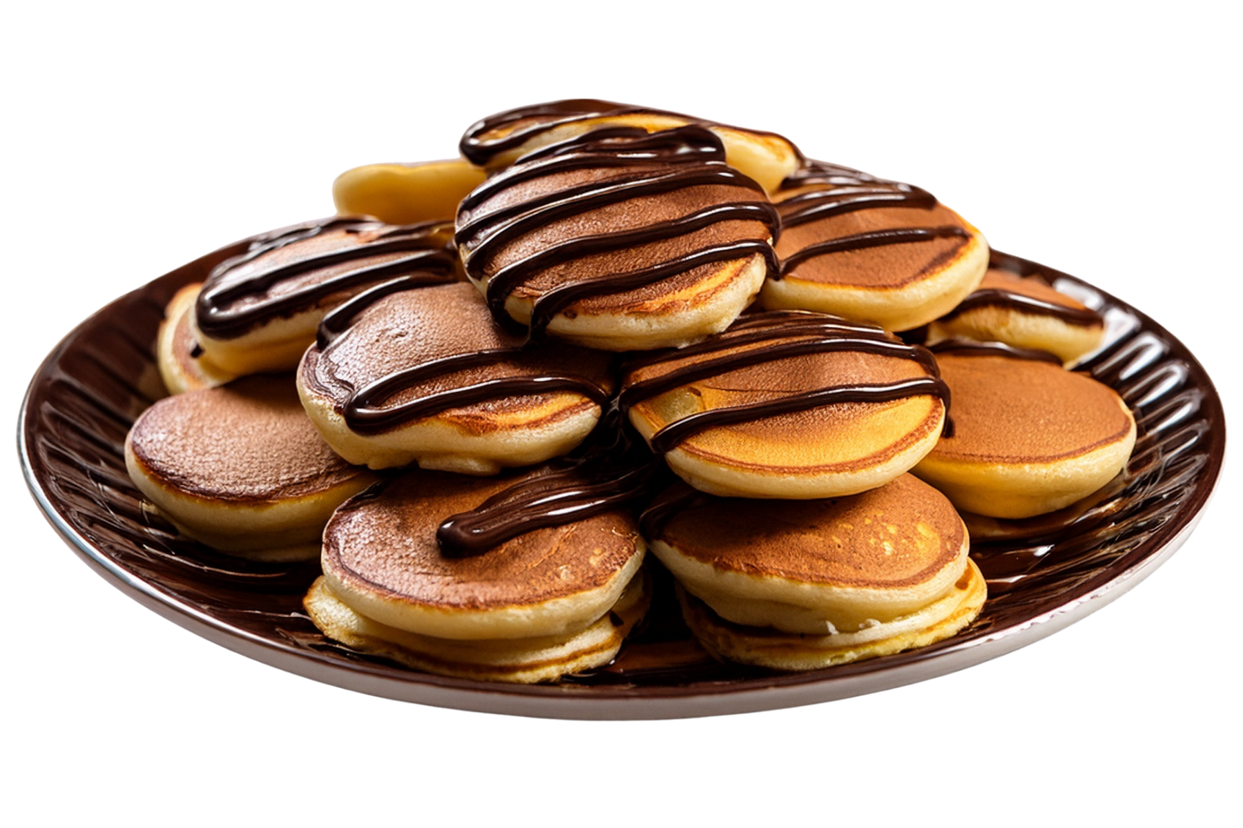 Stack of small, round pancakes drizzled with chocolate sauce on a brown plate.