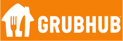 Grubhub logo with a house-shaped fork and knife icon, and white text on an orange background.