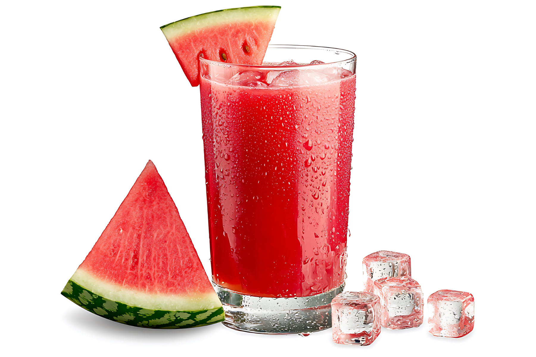 Watermelon juice in a glass with watermelon slice garnish and ice cubes; red and green.
