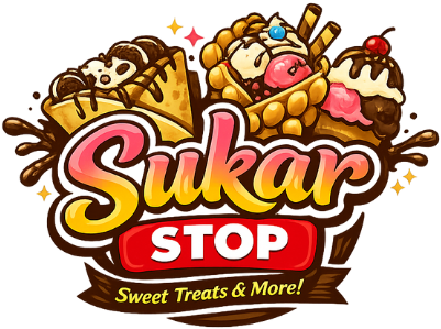 Sukar Stop logo featuring colorful desserts like crepes, bubble waffles, and ice cream cones. Text: 
