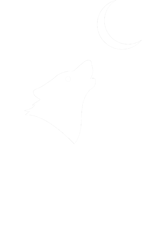 Outline of a wolf howling at a crescent moon.