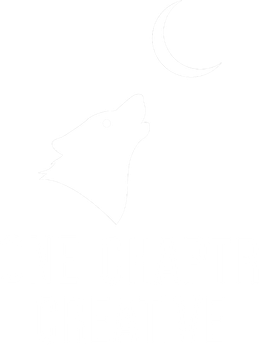 Outline of a wolf howling at a crescent moon.