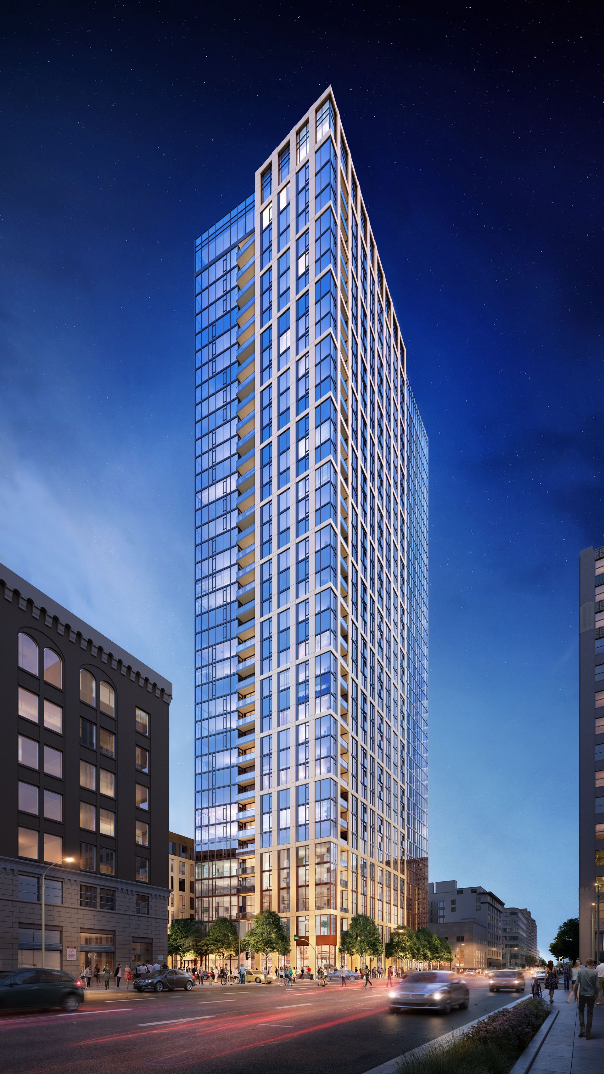 An artist 's impression of a tall building in a city at night.