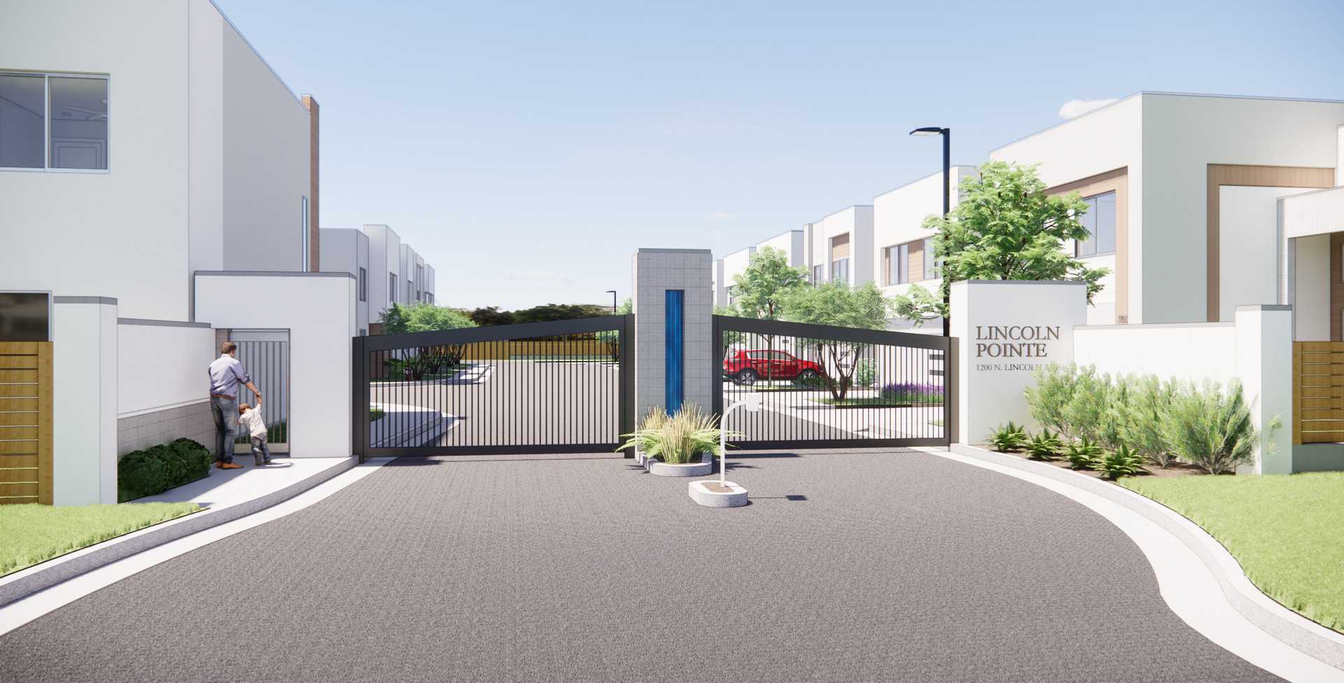 An artist 's impression of a gated entrance to a residential development.