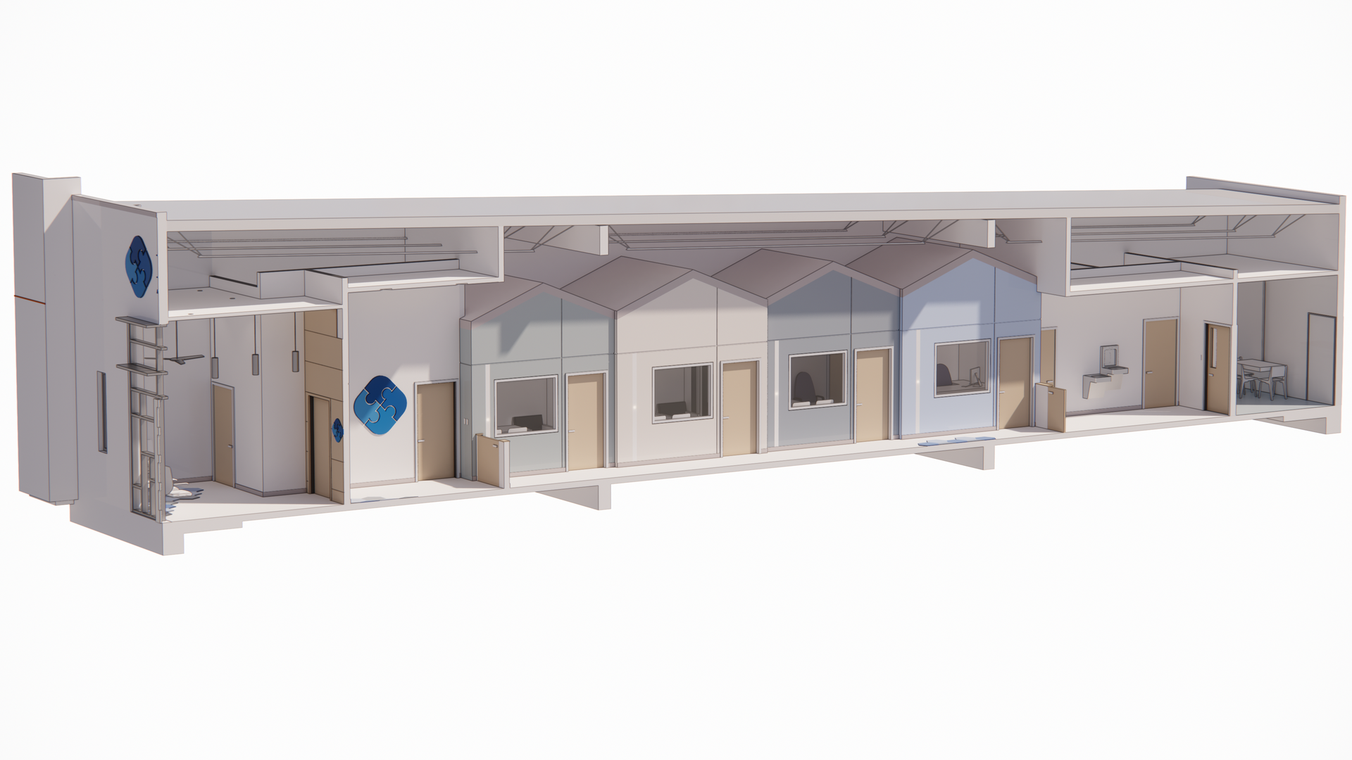 A model of a house cut in half on a white background.