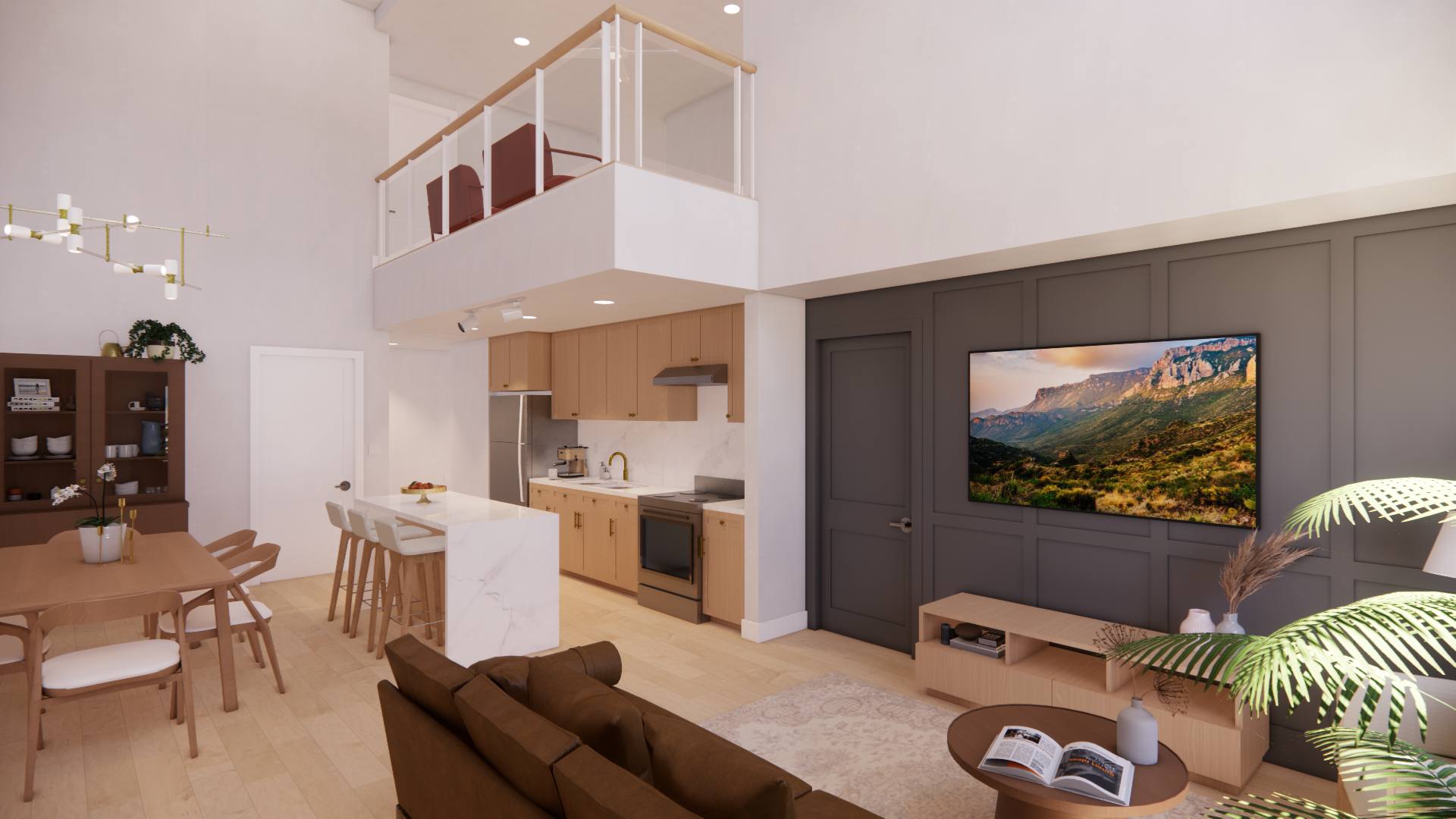 An artist 's impression of a living room , dining room , and kitchen.