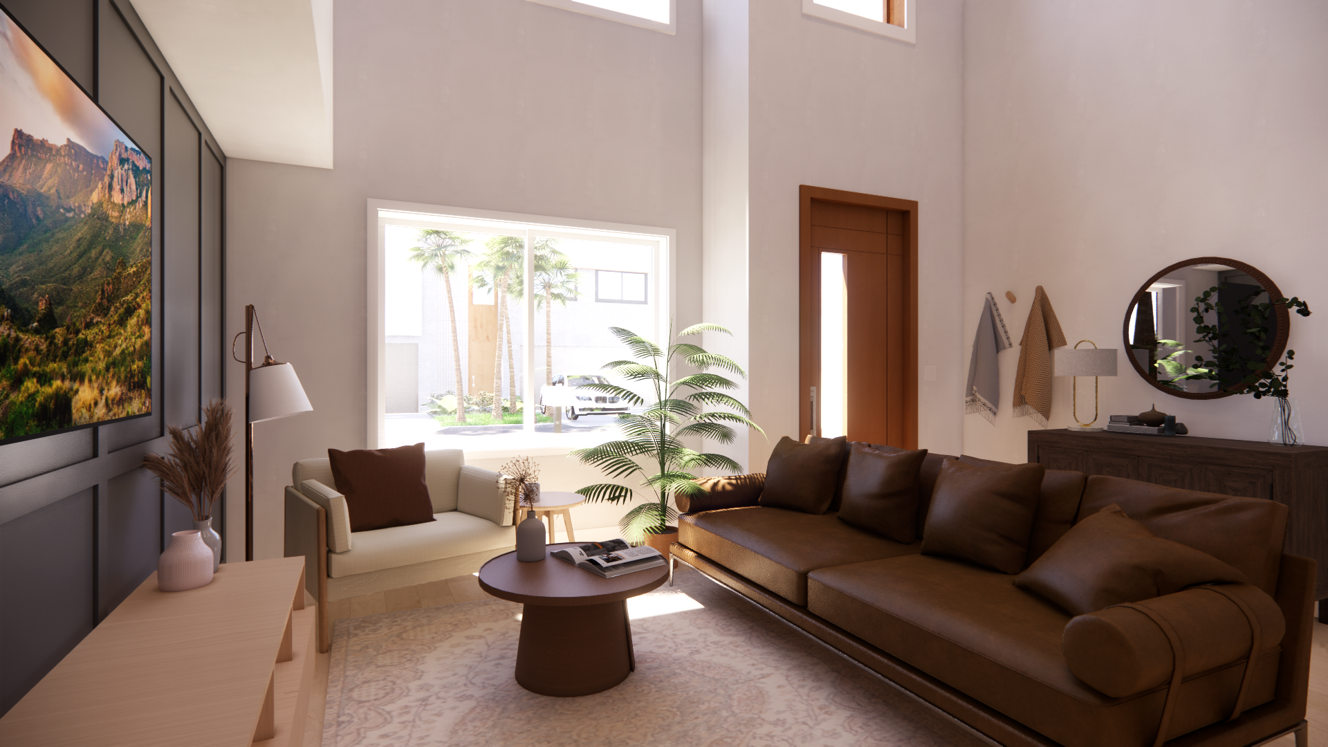 A living room with a couch , chair , table and television.