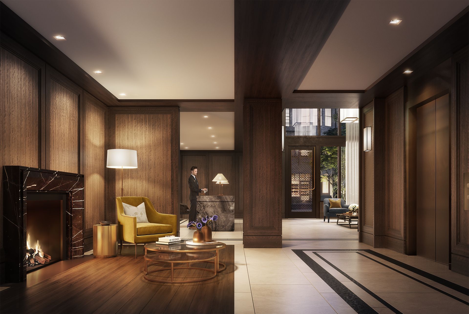 A living room with a fireplace and a yellow chair