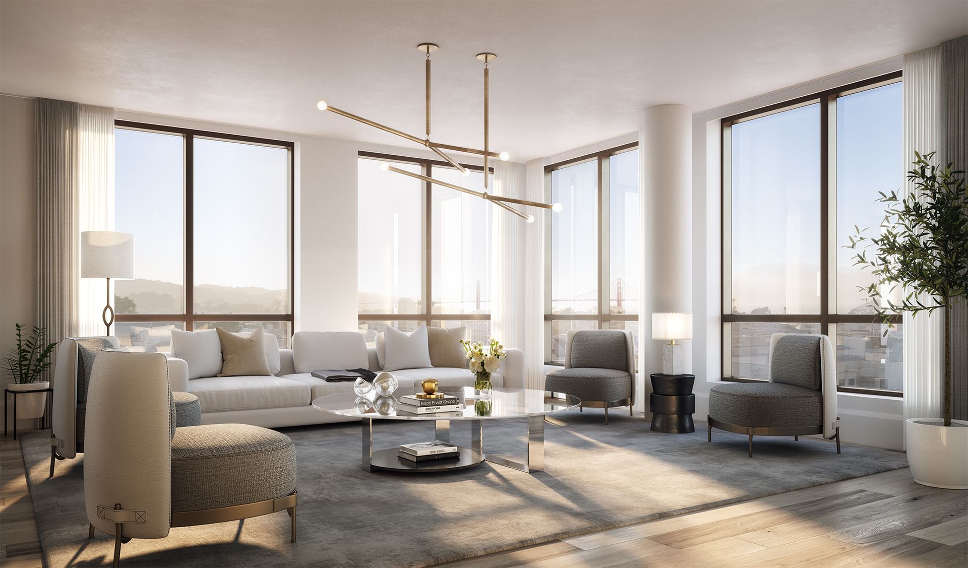 A living room with a lot of windows and furniture