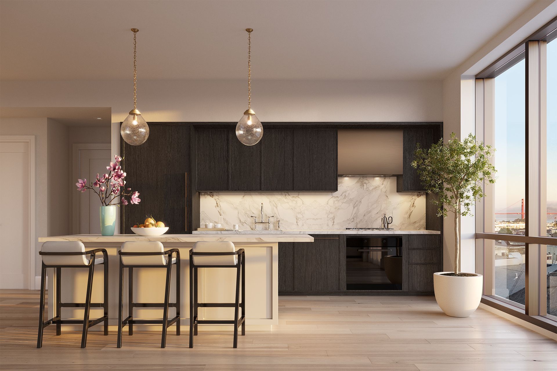 An artist 's impression of a kitchen with a large island and stools