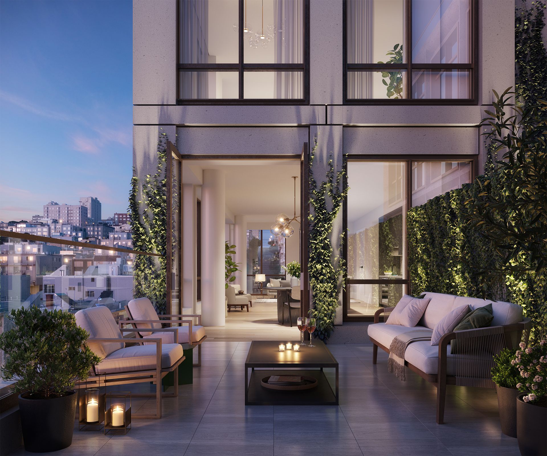 An artist 's impression of a balcony with a couch and chairs