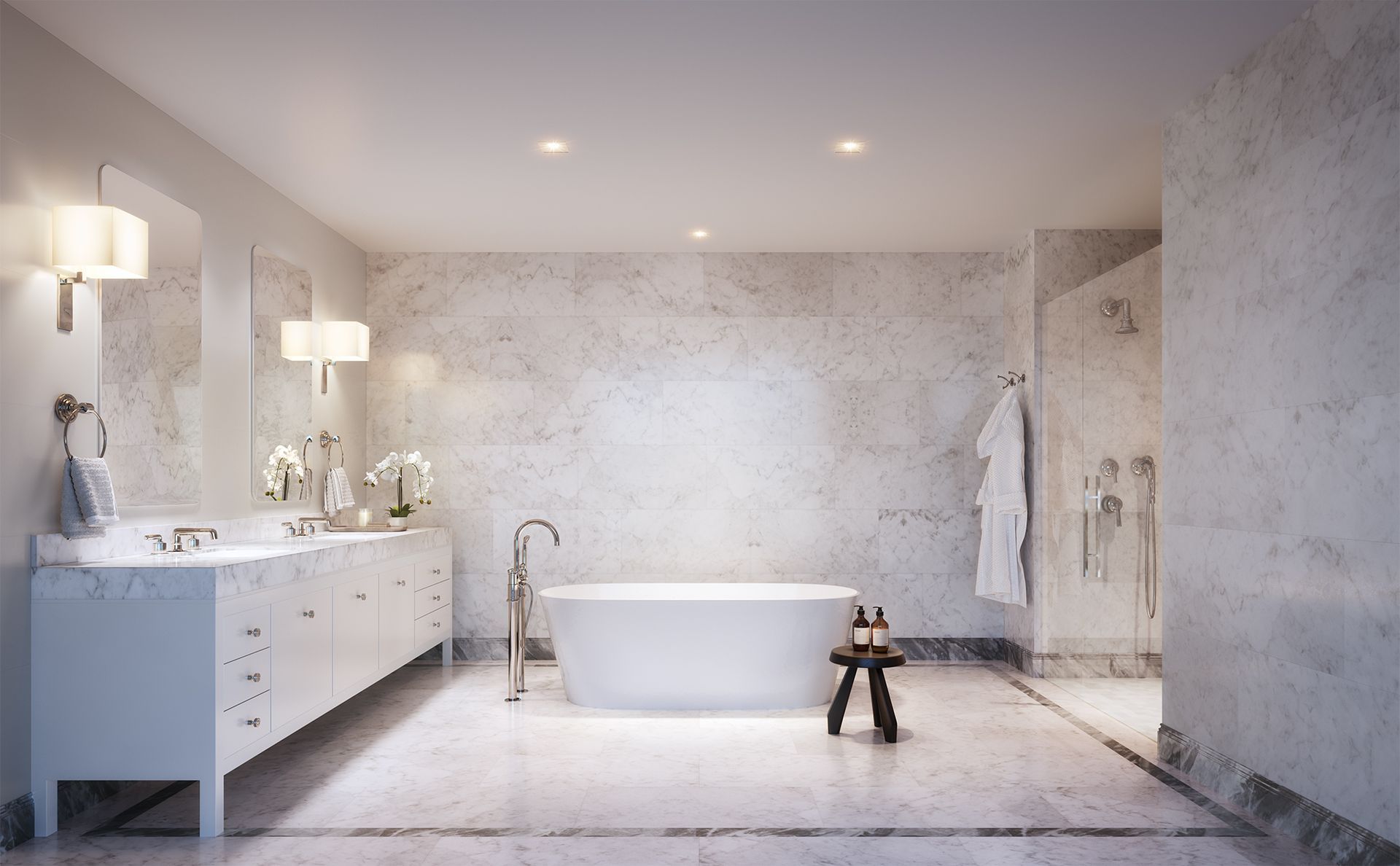 A bathroom with a bathtub and two sinks