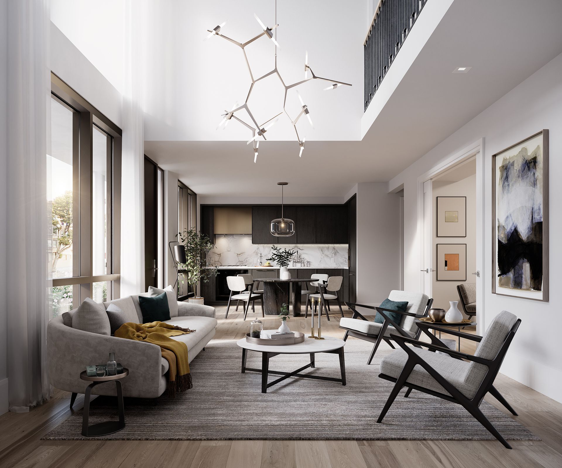 An artist 's impression of a living room with a couch and chairs