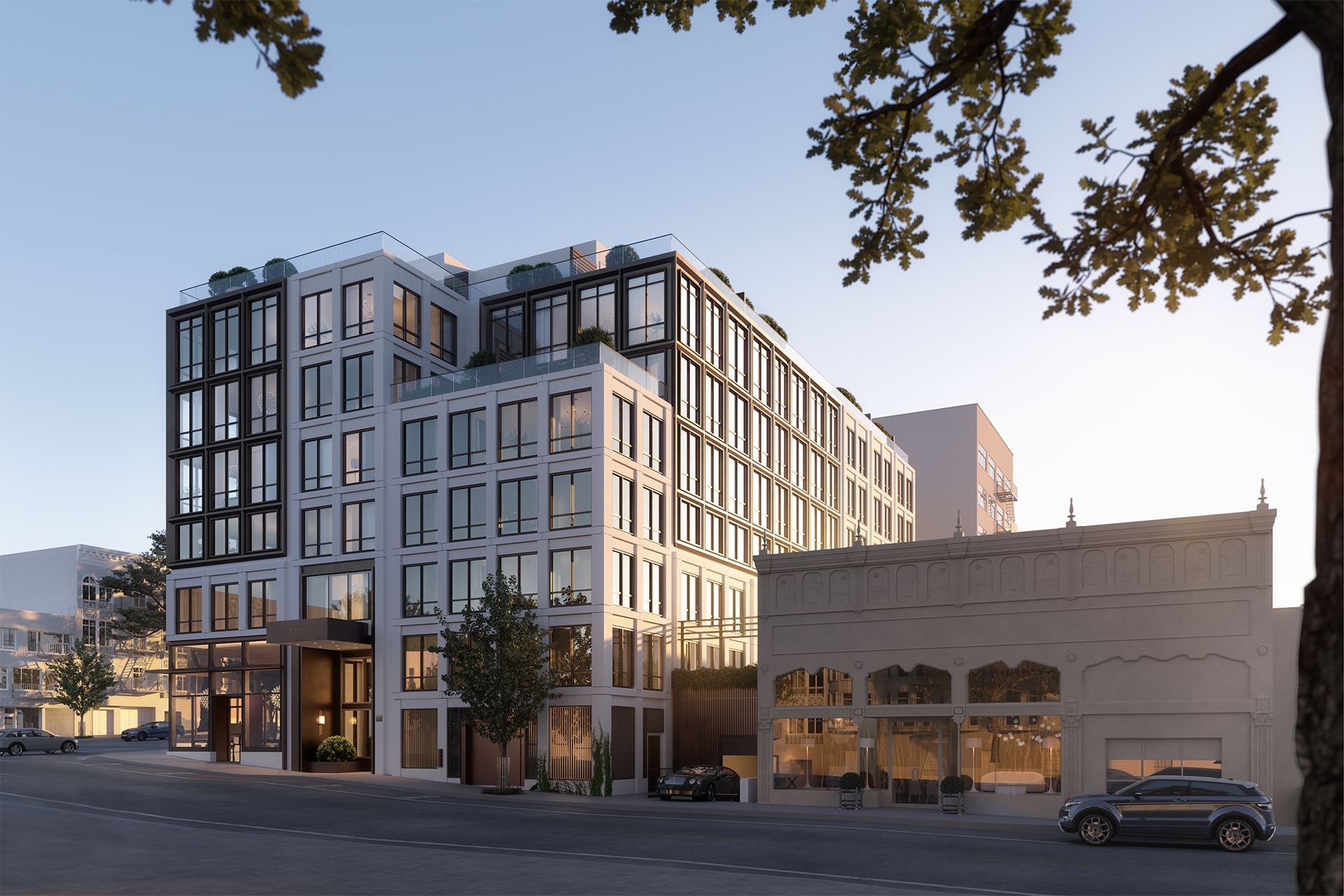 An artist 's impression of a large building with a lot of windows and a car parked in front of it.