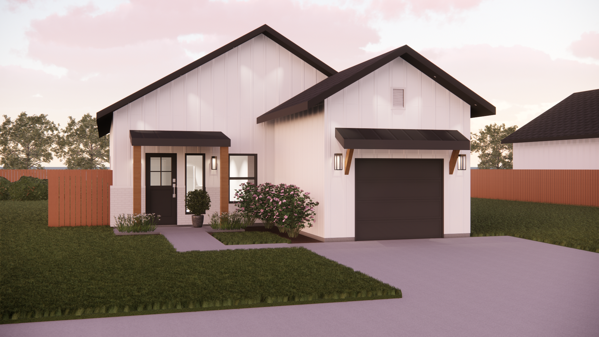 A rendering of a white house with a black garage door.