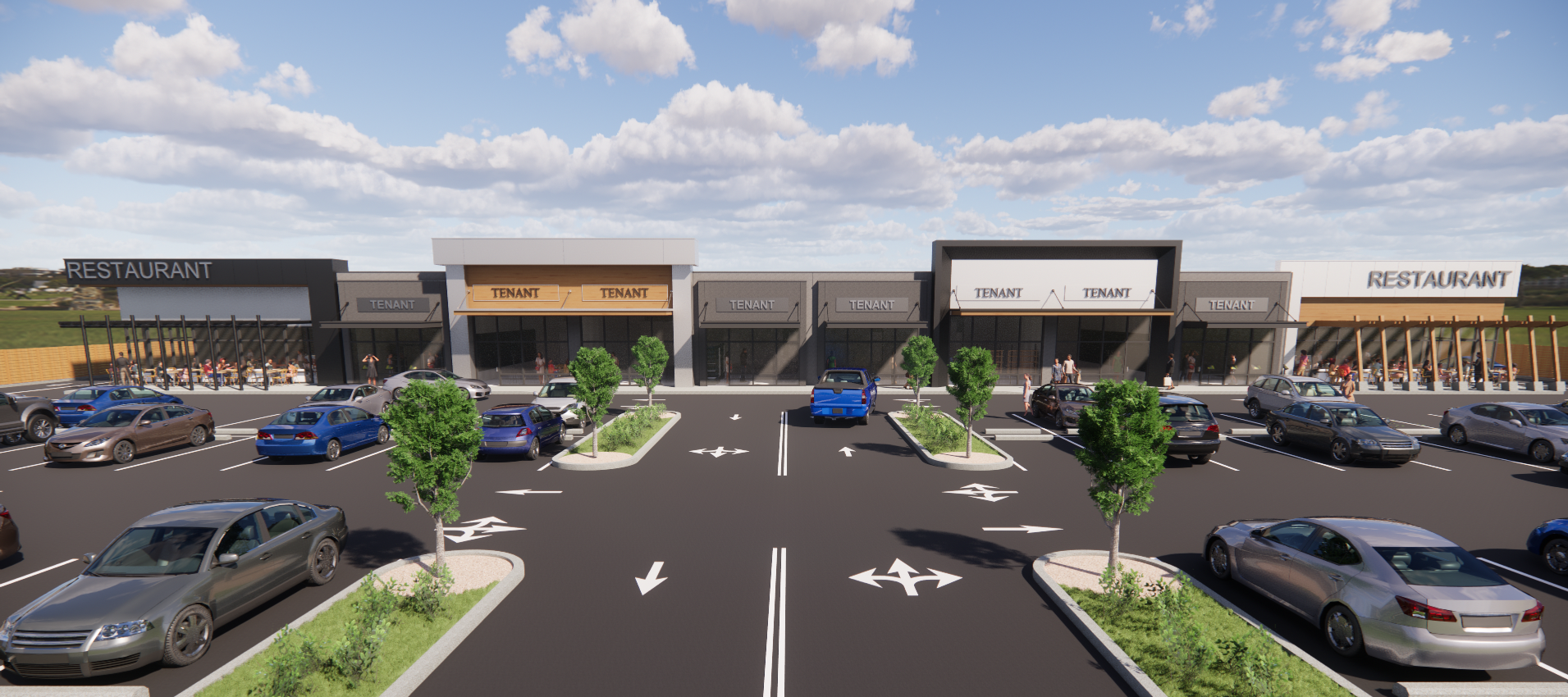 An artist 's impression of a shopping center with cars parked in front of it.