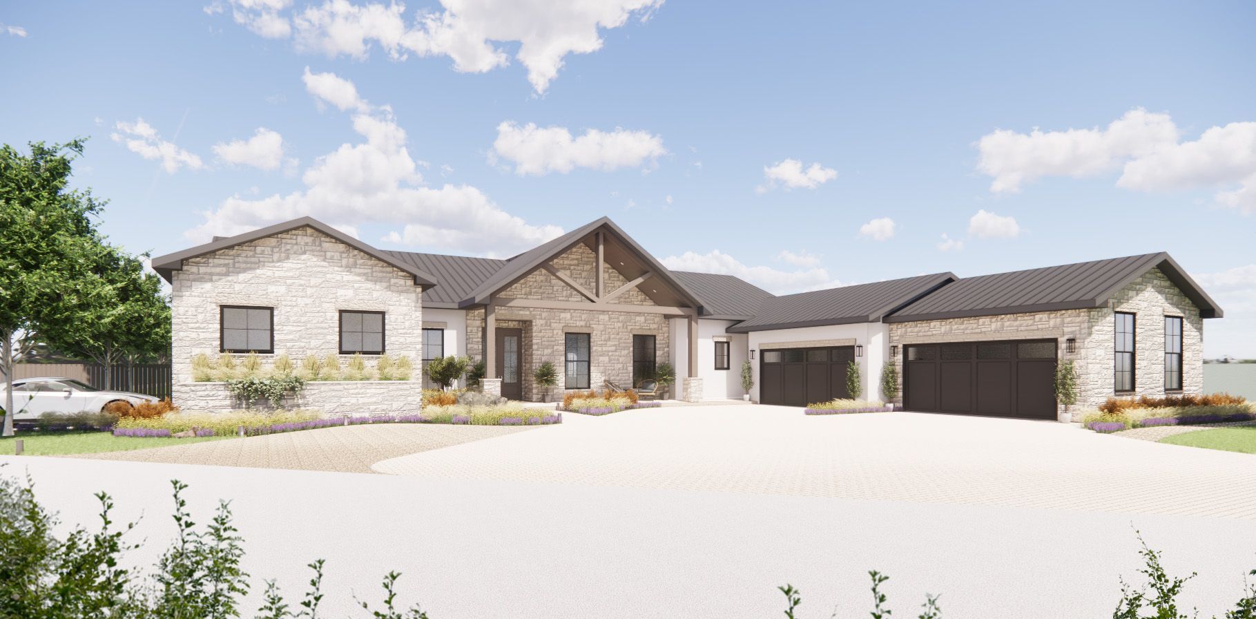 An artist 's impression of a modern house with a large lawn in front of it.