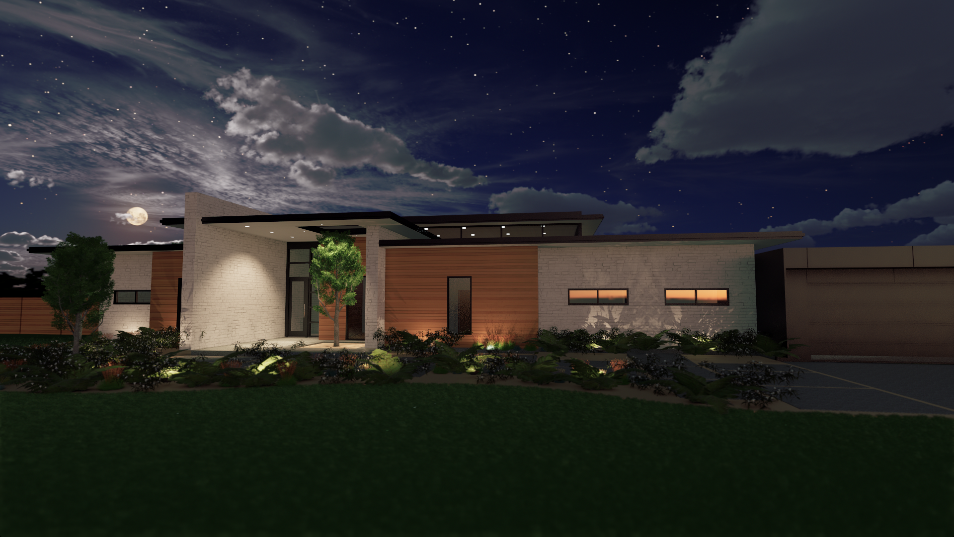 An artist 's impression of a modern house at night.