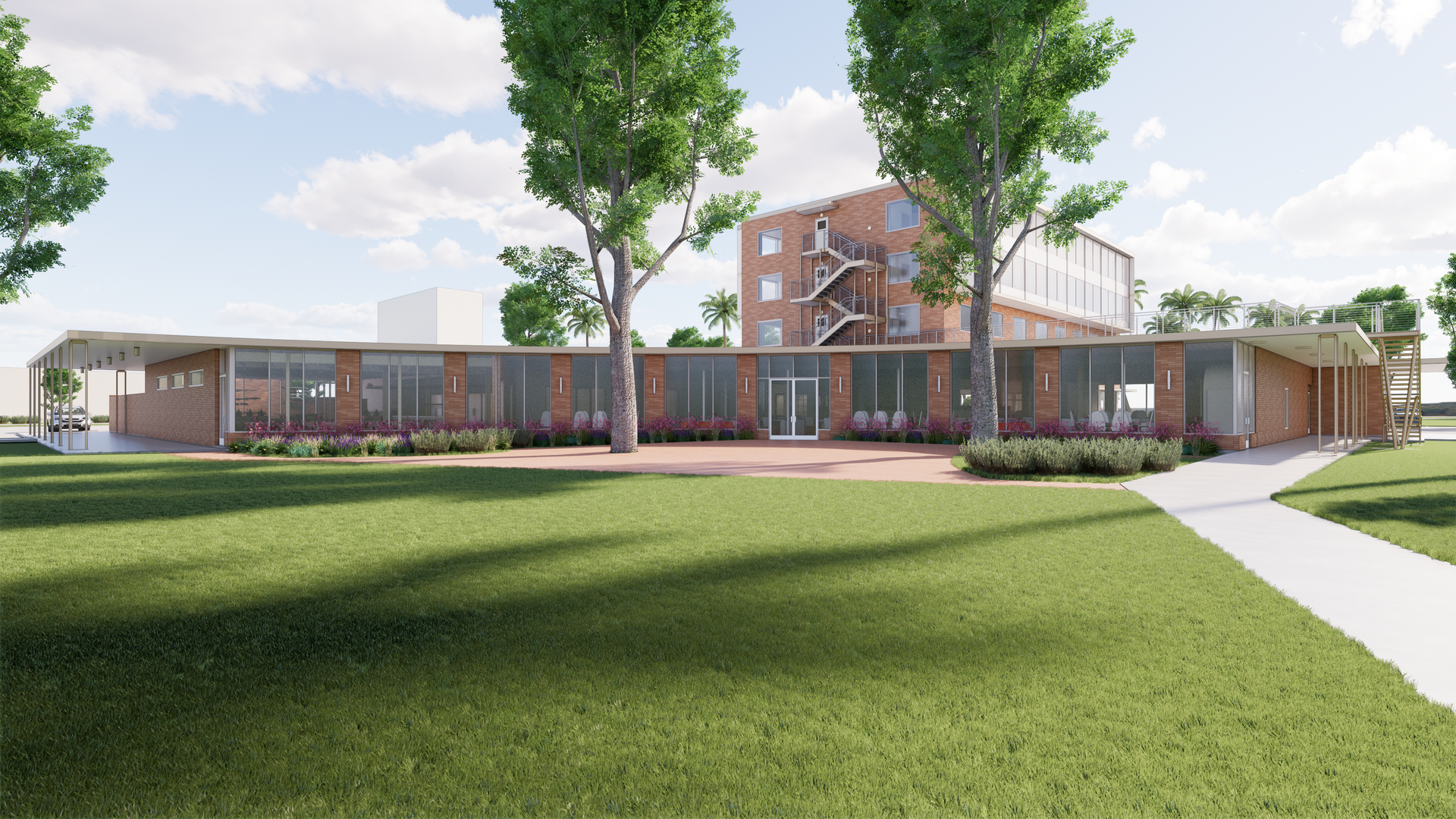 An artist 's impression of a row of houses with trees in front of them.