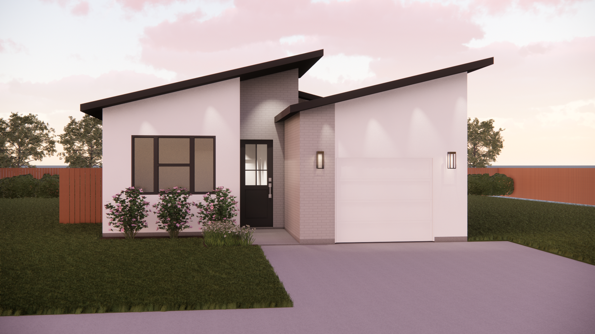 A white house with a brown roof and a black door