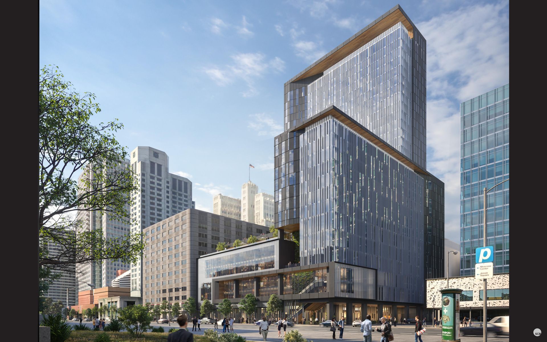 An artist 's impression of a large building in the middle of a city.