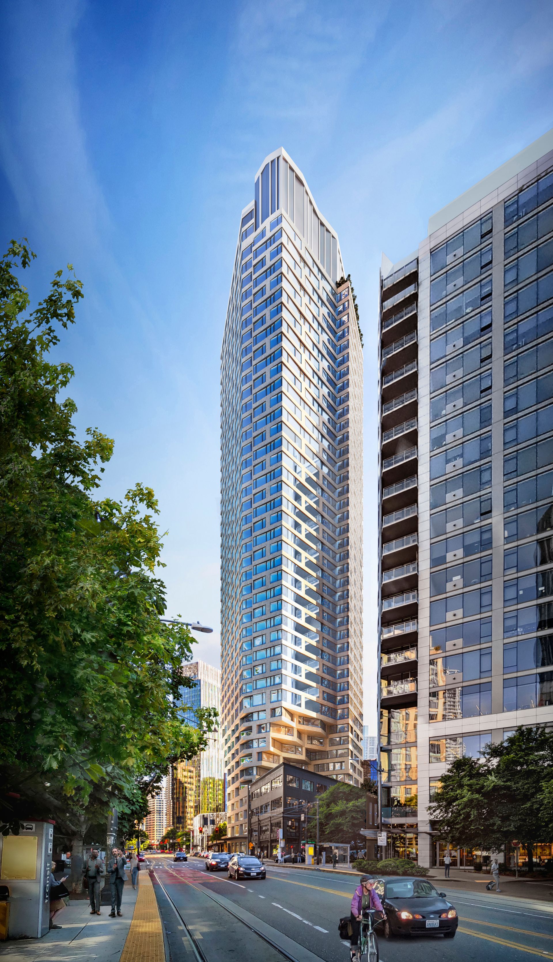 An artist 's impression of a tall building in a city.