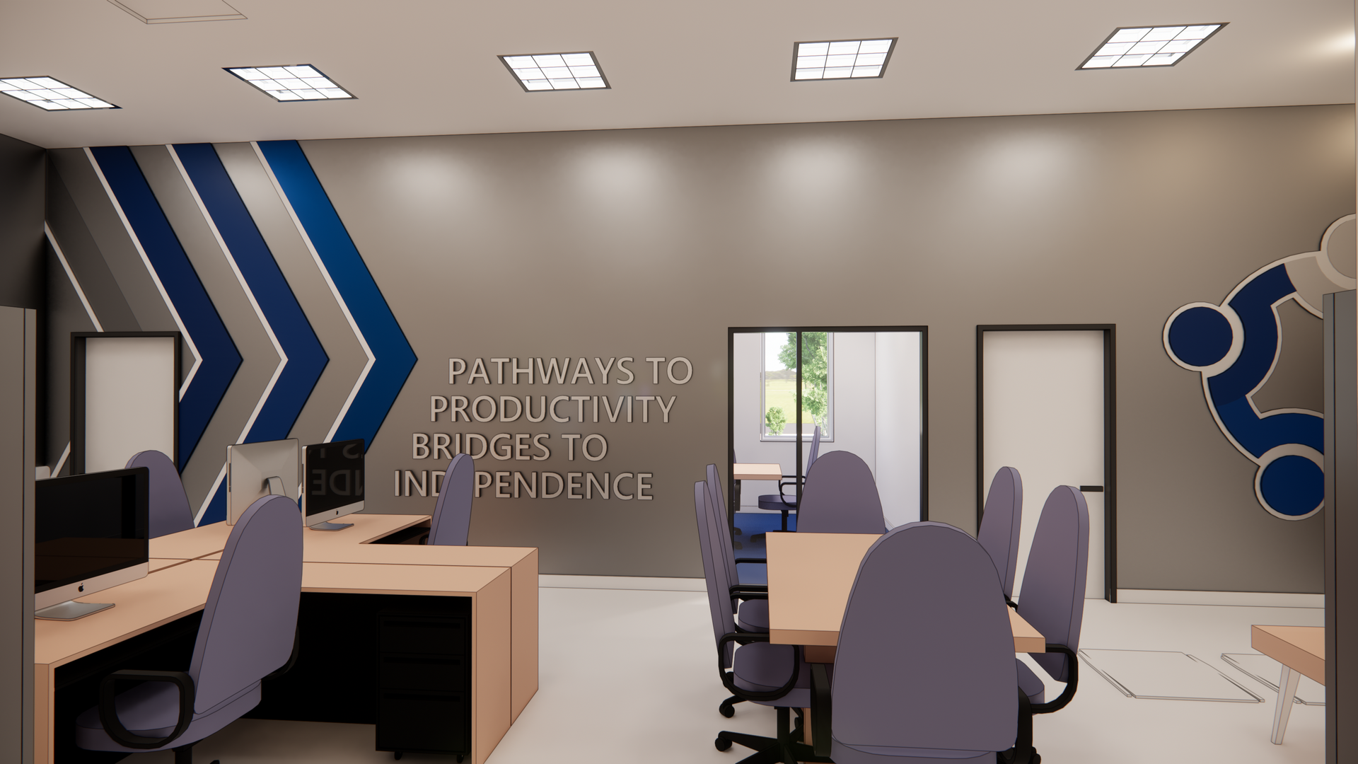 A computer generated image of a conference room with tables and chairs.