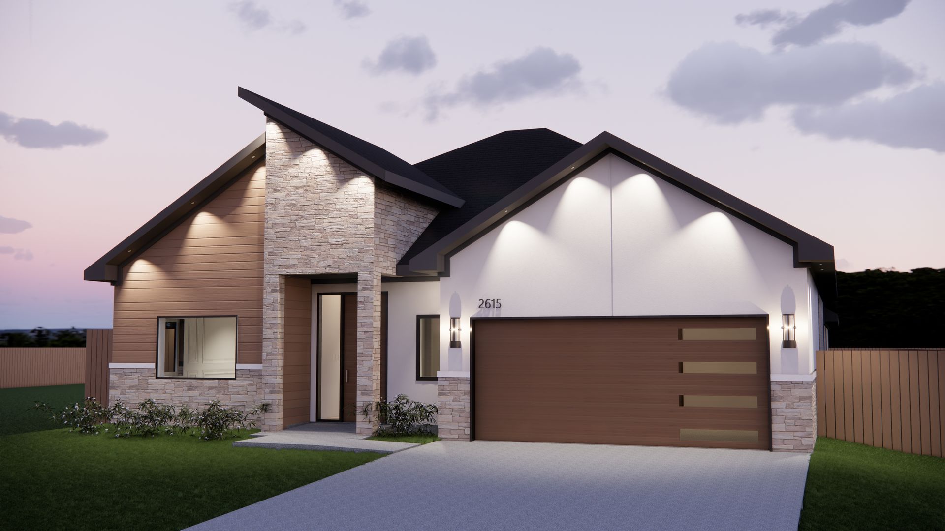 A rendering of a house with a brown garage door