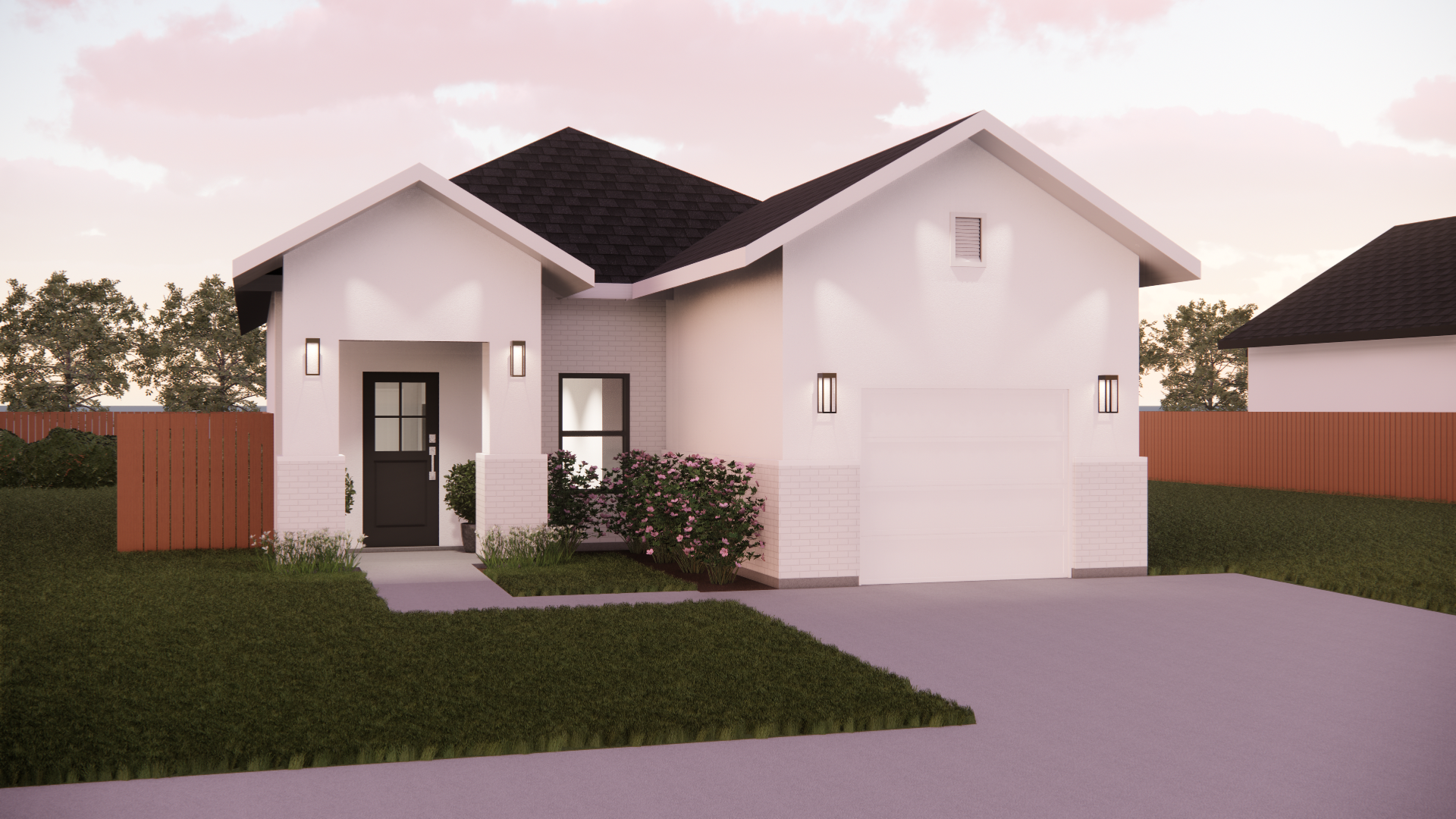 A white house with a black roof and a red fence in front of it.