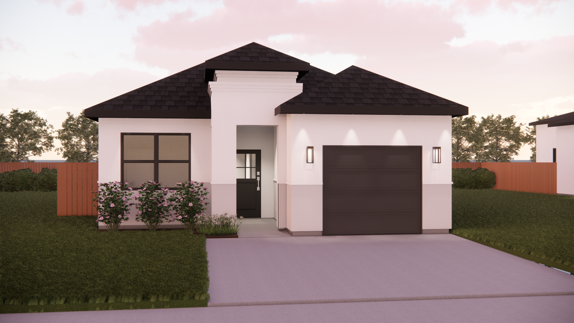 A white house with a black roof and a black garage door.