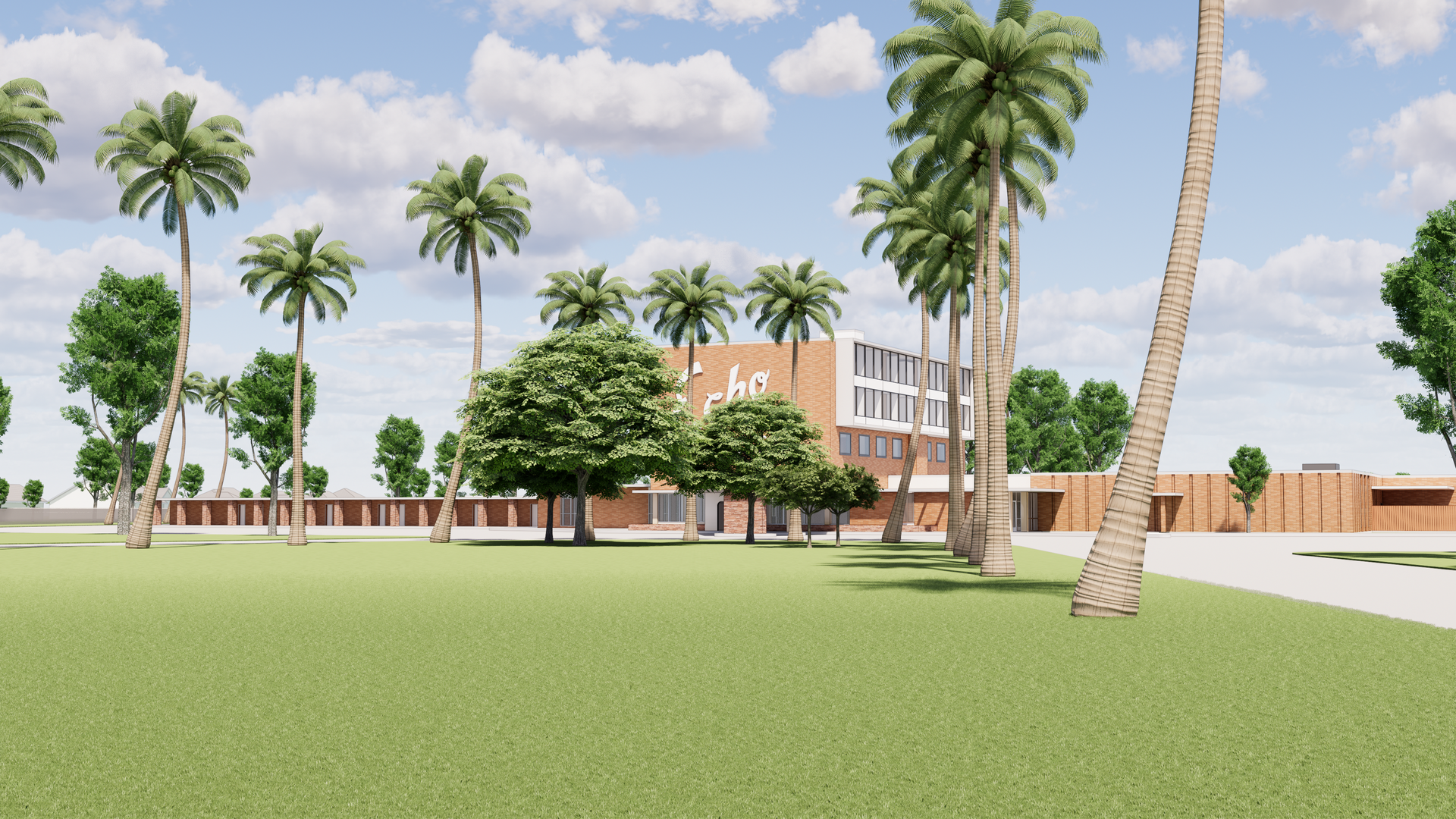 A rendering of a building with palm trees in front of it