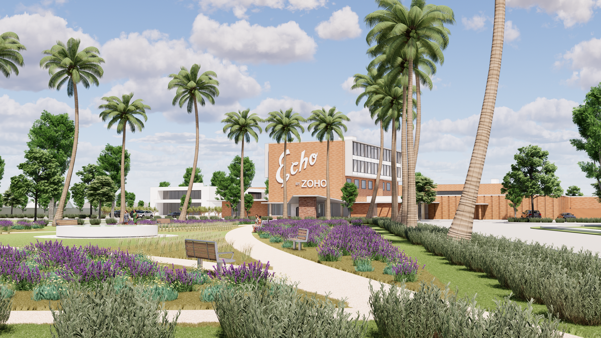 An artist 's impression of a shopping center with palm trees and purple flowers.