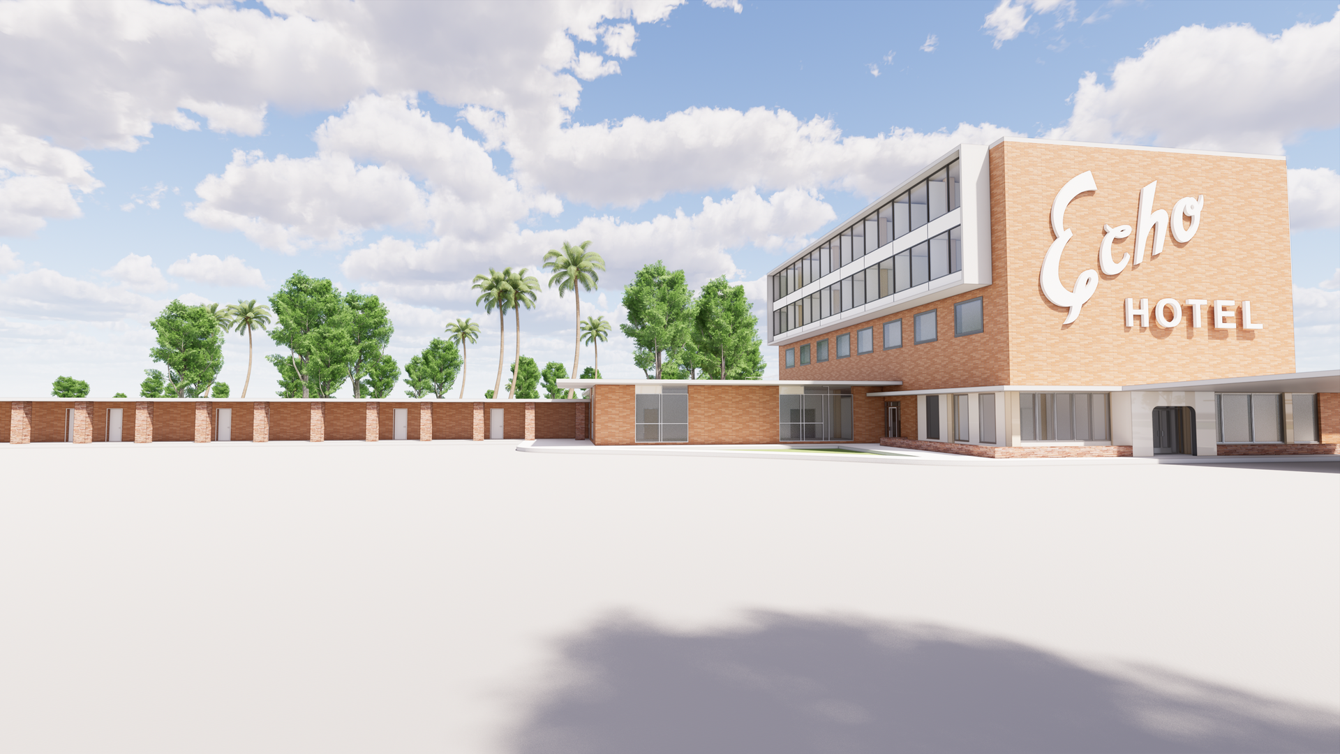 An artist 's impression of the echo hotel with palm trees in the background.