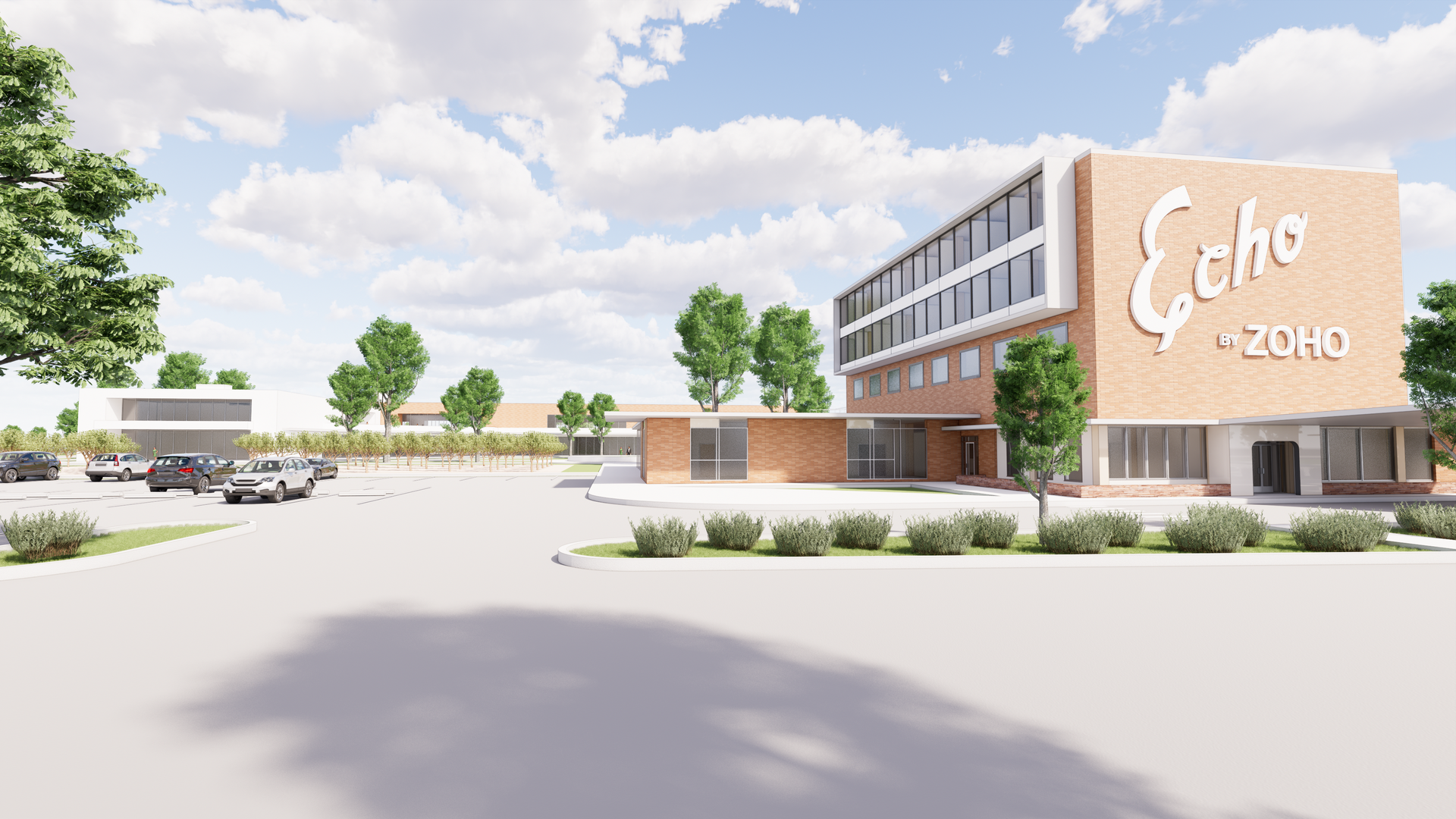 An artist 's impression of a large building with a parking lot in front of it.