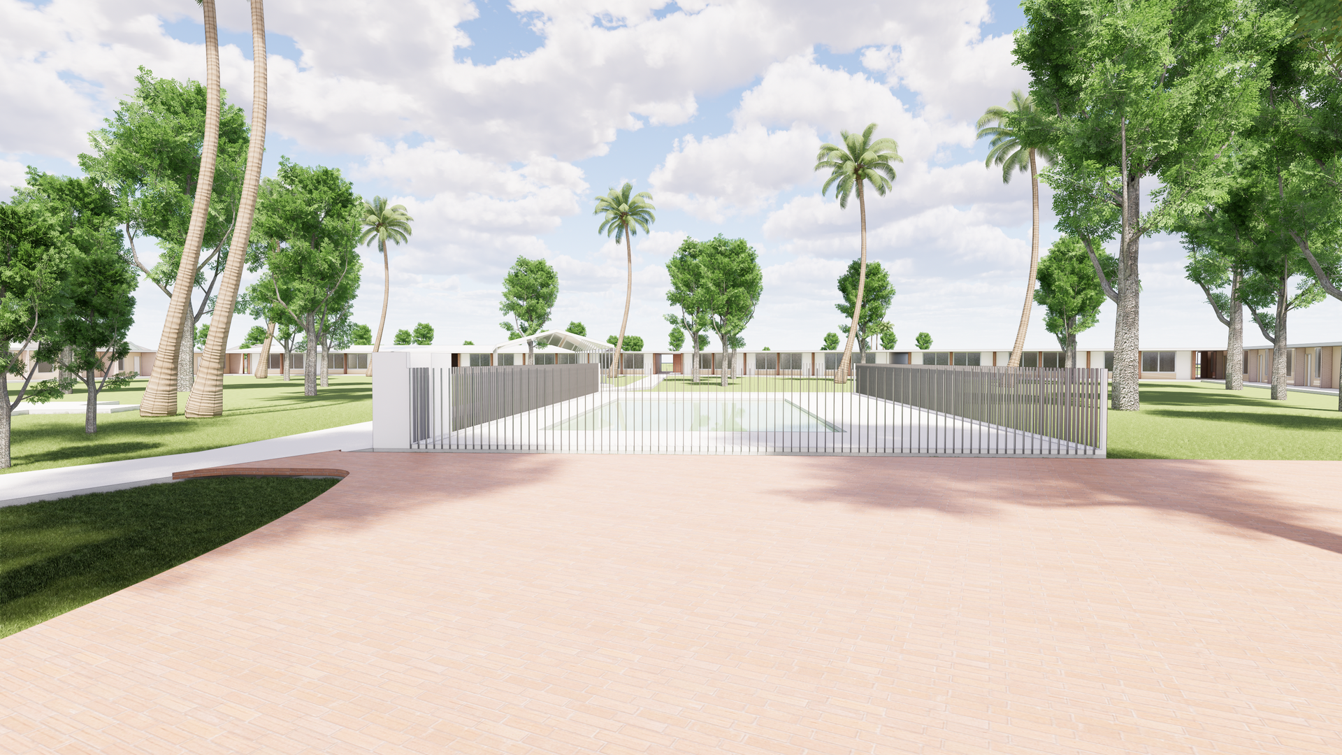 An artist 's impression of a gated entrance to a park with palm trees.