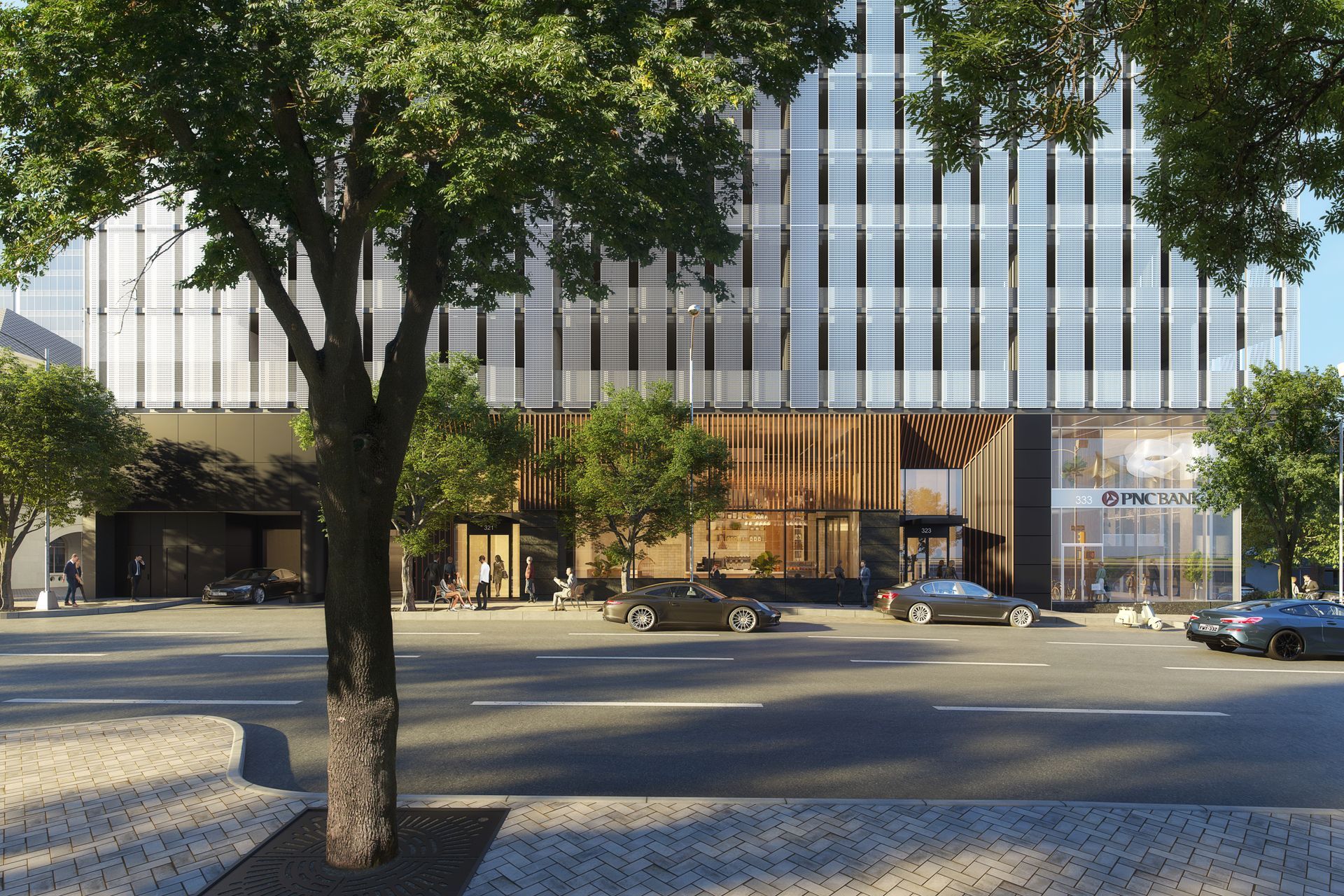 An artist 's impression of a building with cars parked in front of it