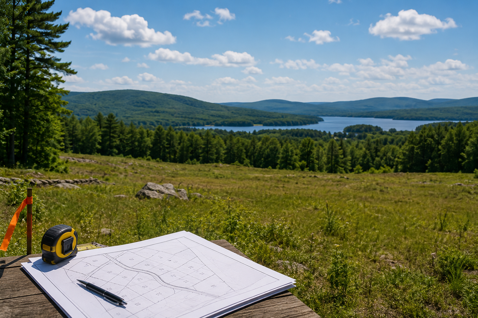 A scenic Vermont building lot at sunset featuring survey stakes, a rolled site plan on a large rock, a newly cleared homesite, and a gravel driveway overlooking rolling Green Mountains and a forested valley, illustrating the planning and due diligence involved in purchasing vacant land.